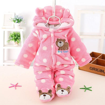 Stevvex pink plush baby bear hooded romper with white polka dots and bear-face feet on Tampa Home & Garden Store