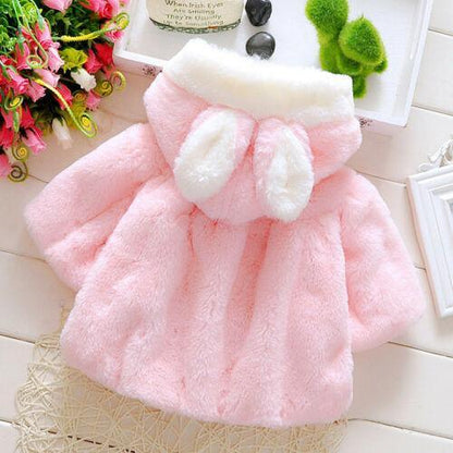 Newborn baby girls fur winter coat with white hood in pink plush fabric on Tampa Home & Garden Store