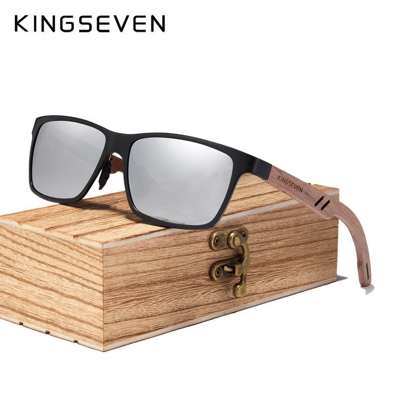 Sunglasses bamboo wood design by KINGSEVEN with black frame and mirrored UV400 lenses on Tampa Home & Garden Store