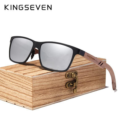 Sunglasses bamboo wood design by KINGSEVEN with black frame and mirrored UV400 lenses on Tampa Home & Garden Store