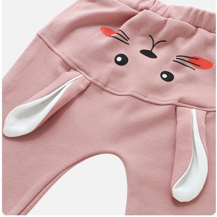 Pink baby cartoon pants with bunny face print and white ears, high waist belly guard on Tampa Home & Garden Store
