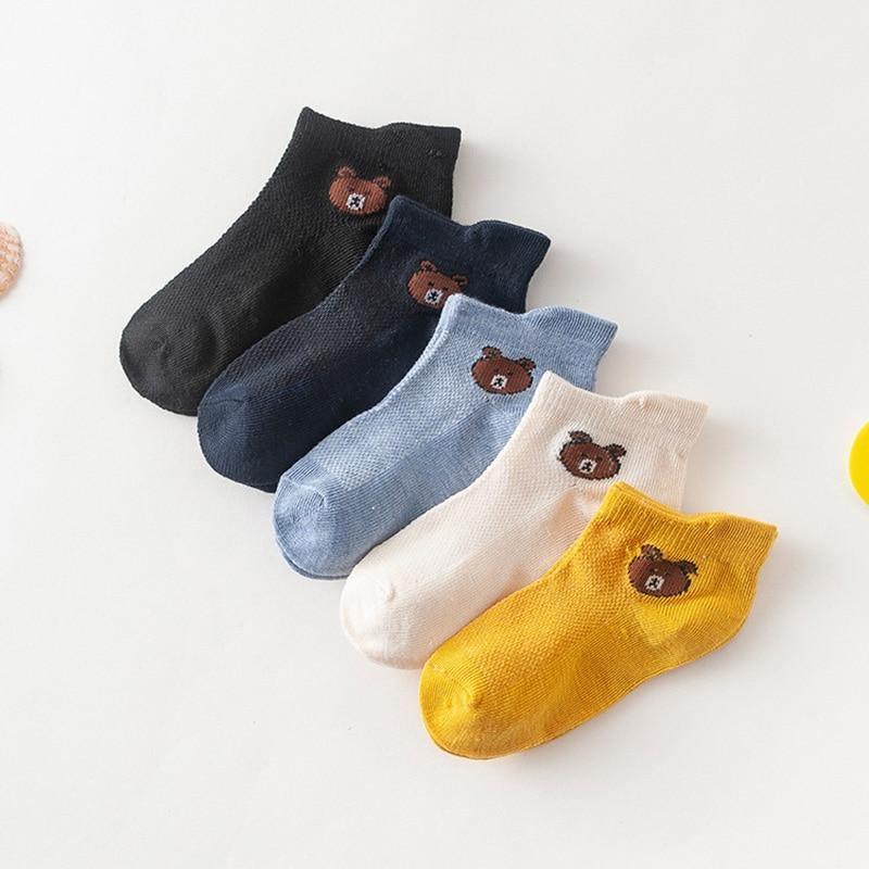 5 Pairs Kids Ankle Socks with bear embroidery in black, navy, light blue, beige, mustard on Tampa Home & Garden Store