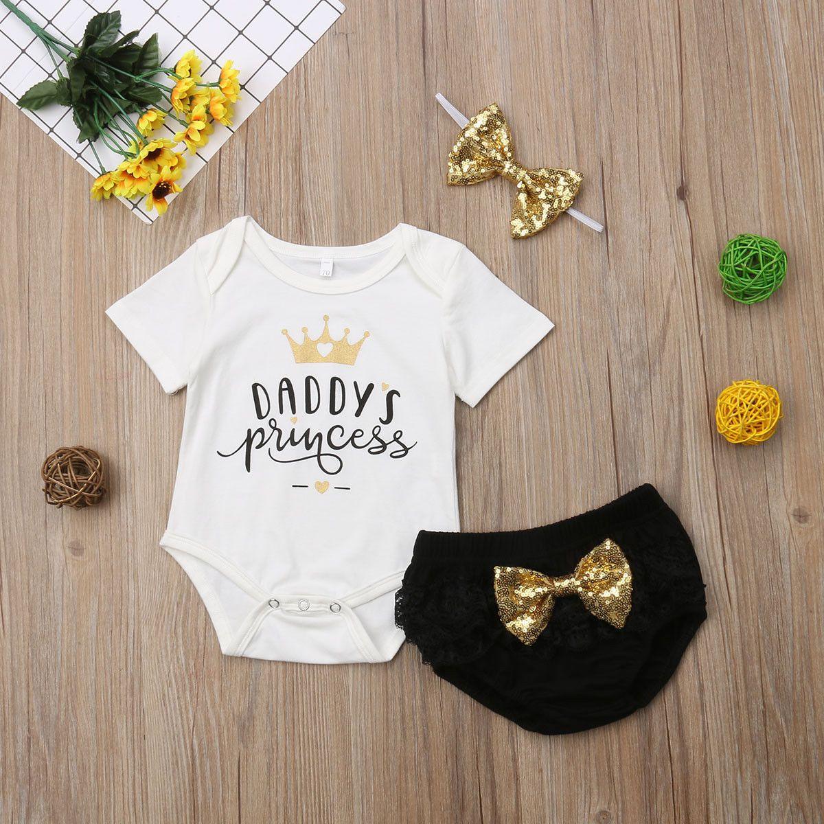 3-piece baby girl outfit set: white bodysuit with gold crown Daddy's Princess, black lace bloomers with gold bow on Tampa Home & Garden Store