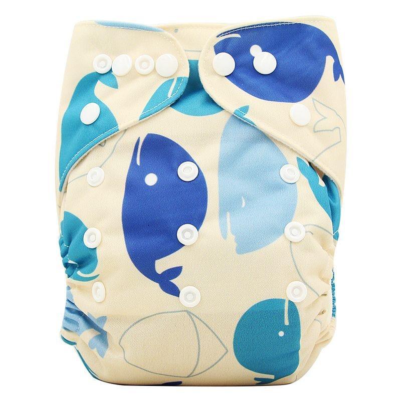 Stevvex baby cloth diaper with beige whale print and blue whales, snap closures on Tampa Home & Garden Store