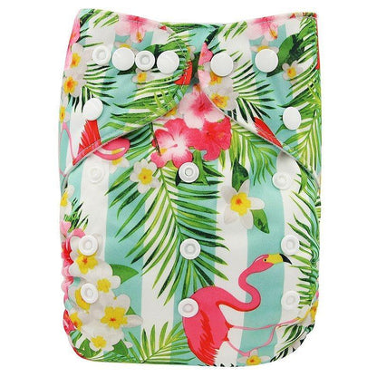 Baby cloth diaper by Stevvex with tropical palm print and flamingo, waterproof pocket on Tampa Home & Garden Store