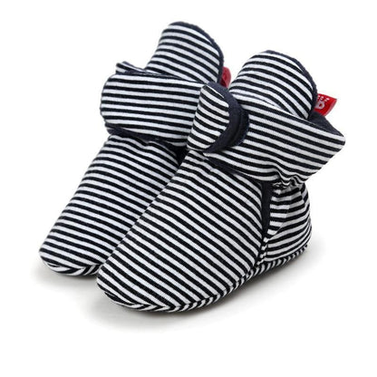 Baby Newborn Faux Fleece Striped Navy White Moccasin Boots Stevvex knot bow detail on Tampa Home & Garden Store