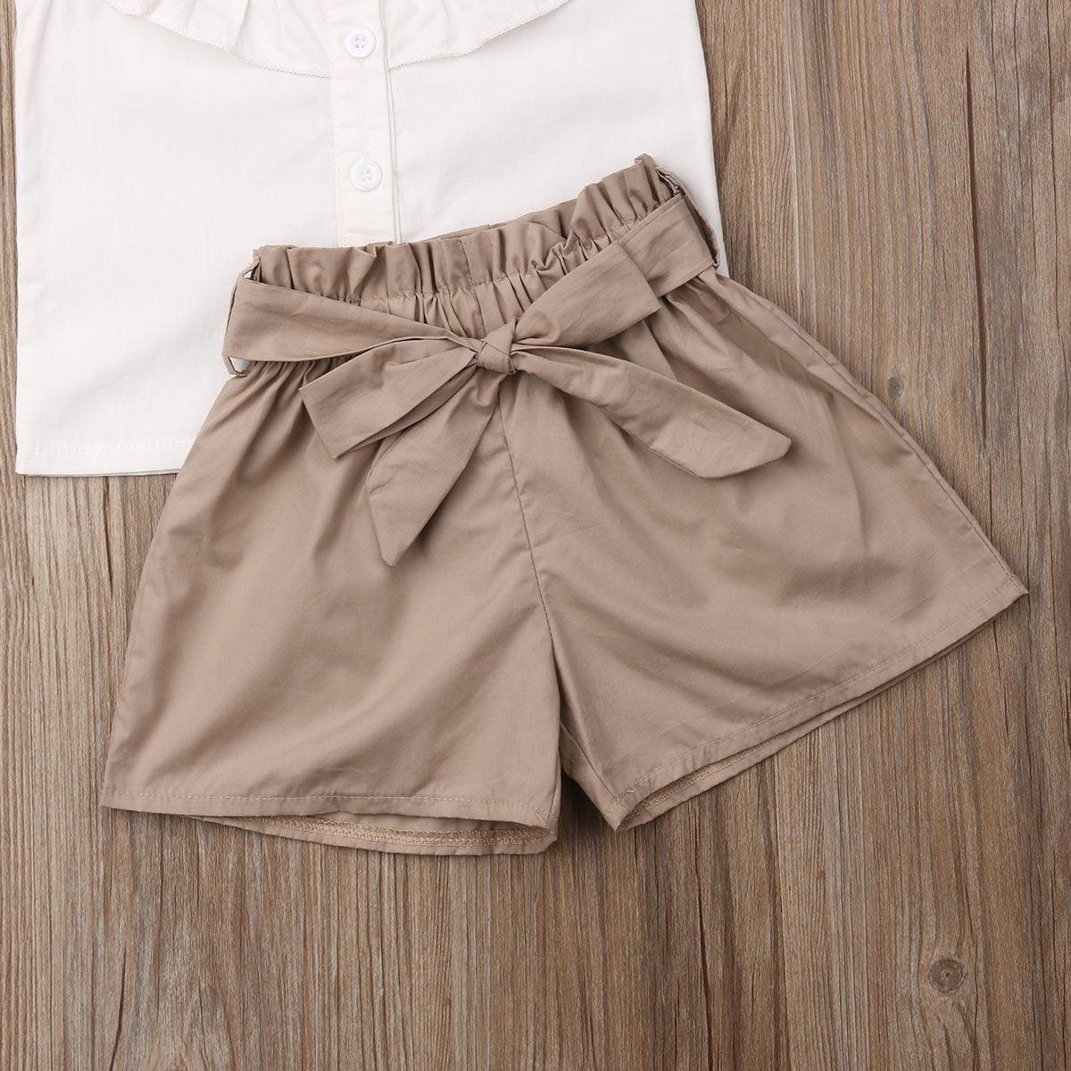Baby girl beige shorts set by Stevvex with bow belt and white top, toddler outfit on Tampa Home & Garden Store