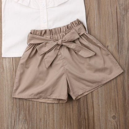 Baby girl beige shorts set by Stevvex with bow belt and white top, toddler outfit on Tampa Home & Garden Store