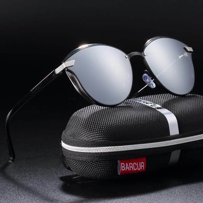 Stevvex round rimless polarized sunglasses with silver mirrored lenses in a BARCUR case on Tampa Home & Garden Store