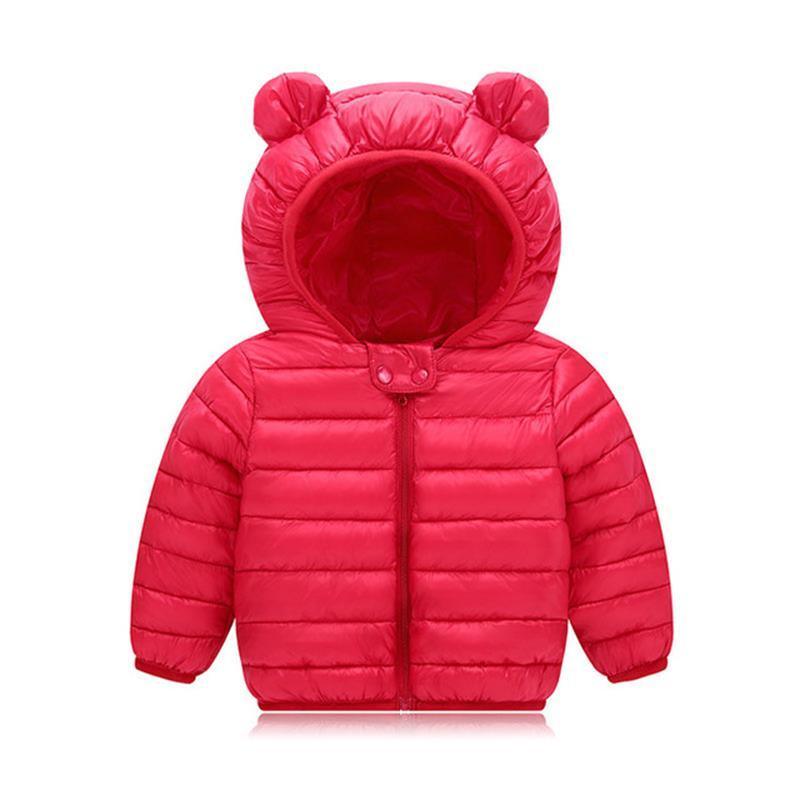 Red Stevvex baby puffer jacket with bear-ear hood, padded warm outerwear on Tampa Home & Garden Store