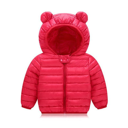 Red Stevvex baby puffer jacket with bear-ear hood, padded warm outerwear on Tampa Home & Garden Store