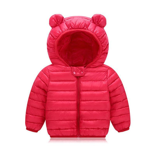 Red Stevvex baby puffer jacket with bear-ear hood, padded warm outerwear on Tampa Home & Garden Store