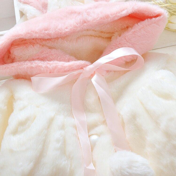 Baby girls fur coat with pink hood and satin bow, fluffy white outerwear Stevvex on Tampa Home & Garden Store