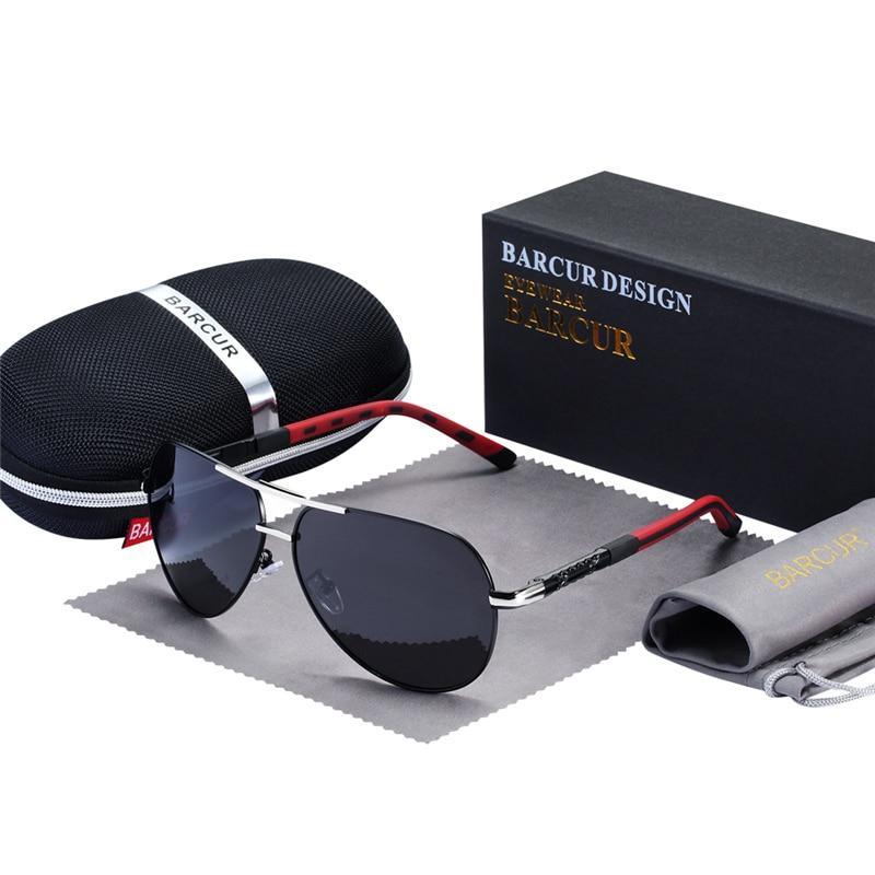 Barcur polarized aviator sunglasses with black lenses, silver frame and red temples on Tampa Home & Garden Store
