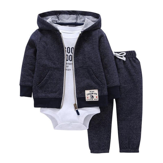 Baby cotton long sleeve hoodie jacket set with navy pants and white bodysuit, Stevvex unisex outfit on Tampa Home & Garden Store
