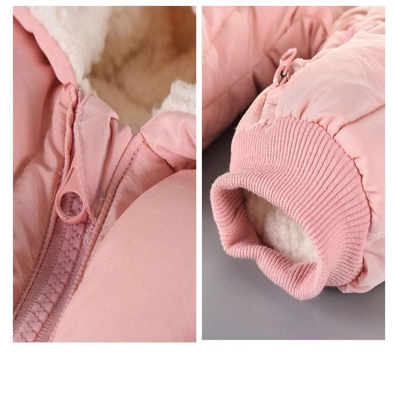 Newborn pink hooded baby jumpsuit Stevvex with zip closure and plush fleece lining on Tampa Home & Garden Store