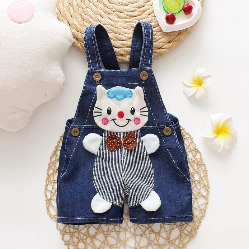 Stevvex denim baby romper overalls with cat applique, striped front, brown bow, blue straps on Tampa Home & Garden Store