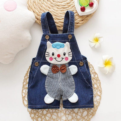 Stevvex denim baby romper overalls with cat applique, striped front, brown bow, blue straps on Tampa Home & Garden Store