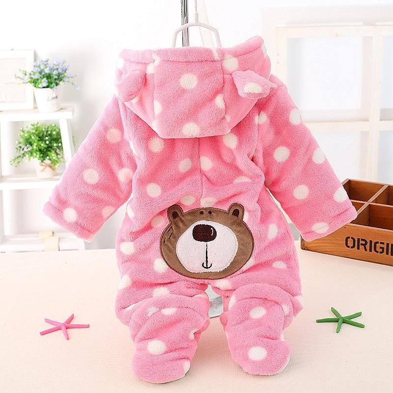 Stevvex pink bear costume hooded romper with white polka dots and bear face patch on back on Tampa Home & Garden Store