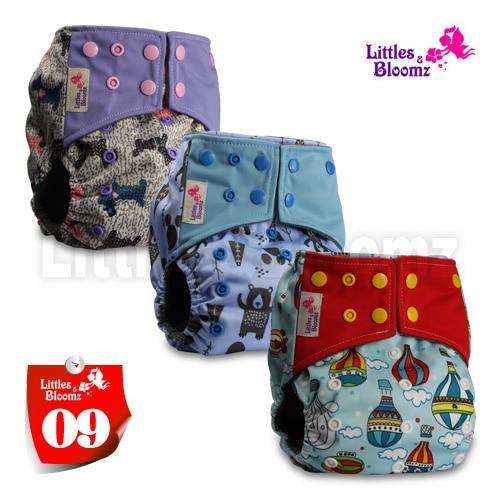 Stevvex cloth diaper pocket nappies 3-pack in purple blue red with prints Littles & Bloomz logo on Tampa Home & Garden Store
