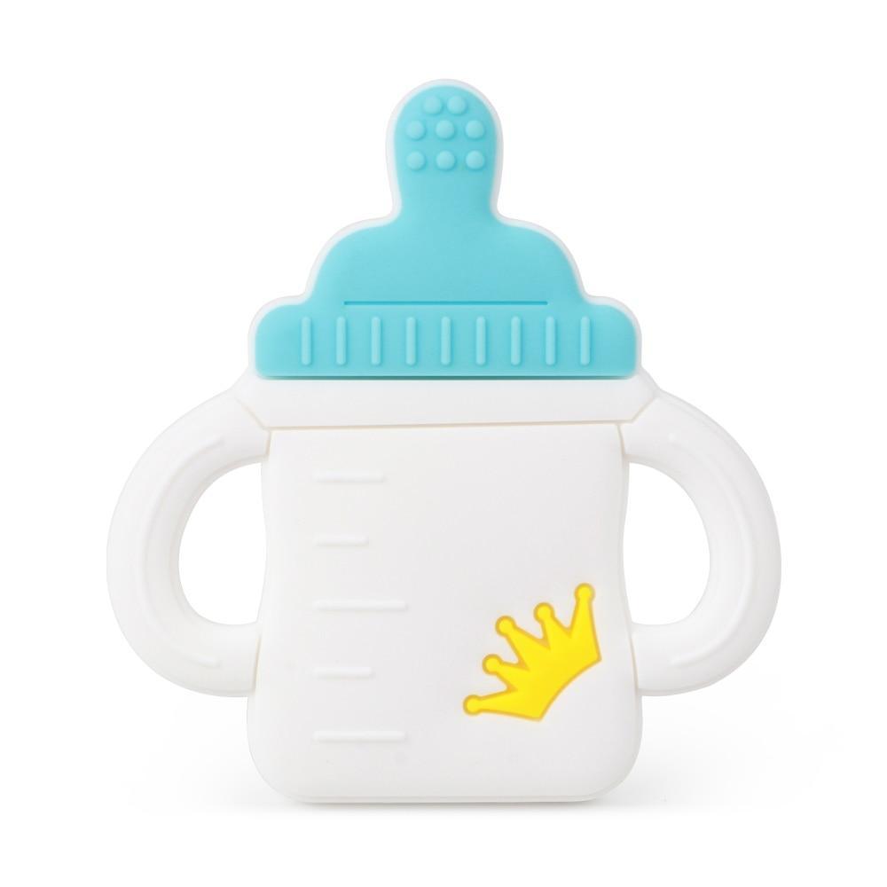 Stevvex baby silicone teether bottle with blue lid, white body, dual handles and yellow crown graphic on Tampa Home & Garden Store