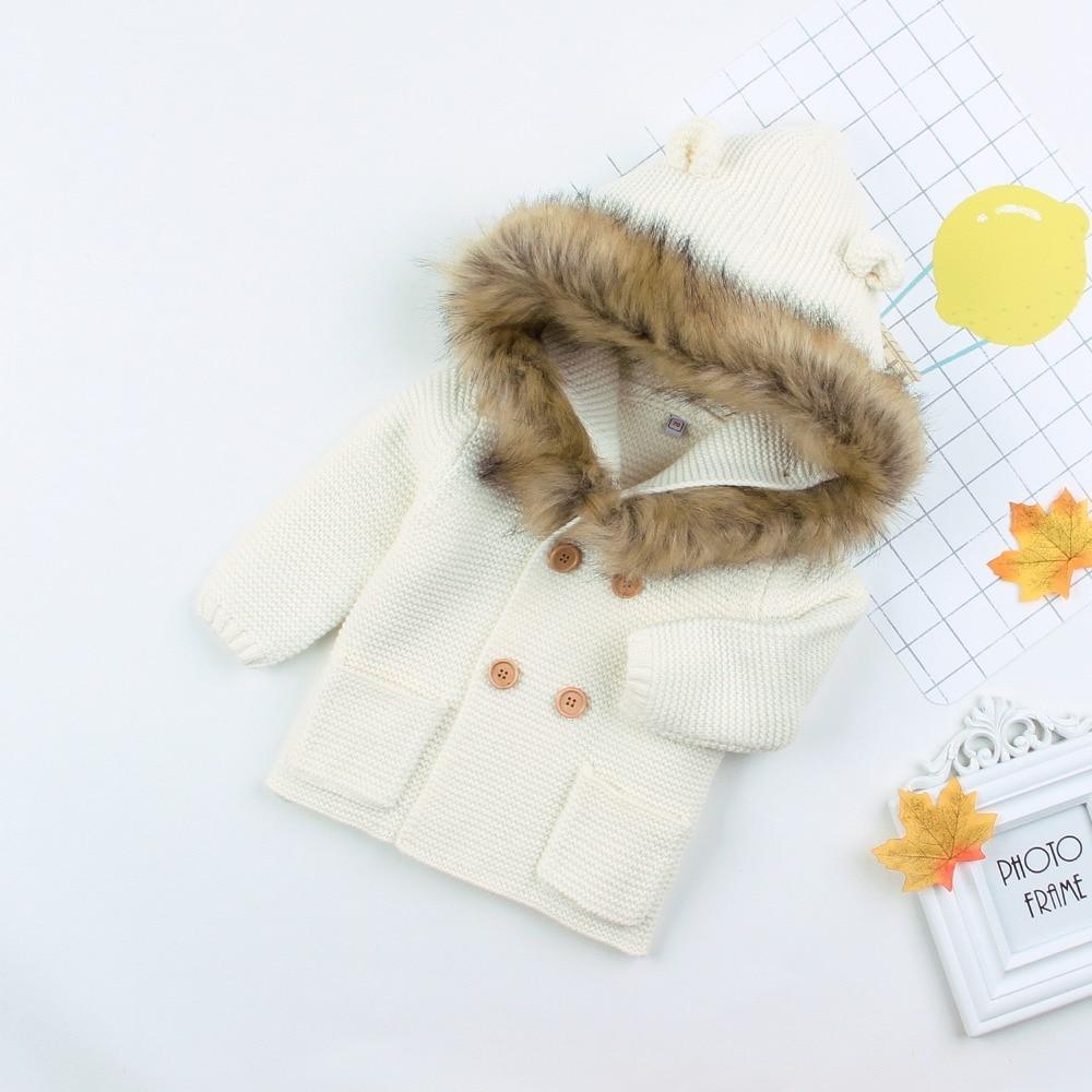 Stevvex cream knit baby cardigan coat with fur hood and wooden buttons on Tampa Home & Garden Store