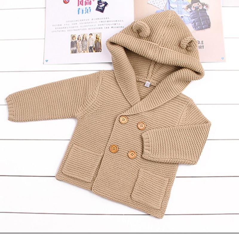 Stevvex newborn knitting cardigan with hood, beige knit, wooden buttons, front pockets on Tampa Home & Garden Store