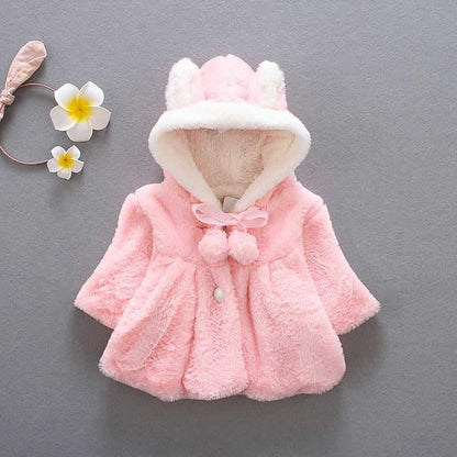 Pink baby bunny-ear hooded faux fur coat with white trim and pom pom bow for newborn girls on Tampa Home & Garden Store