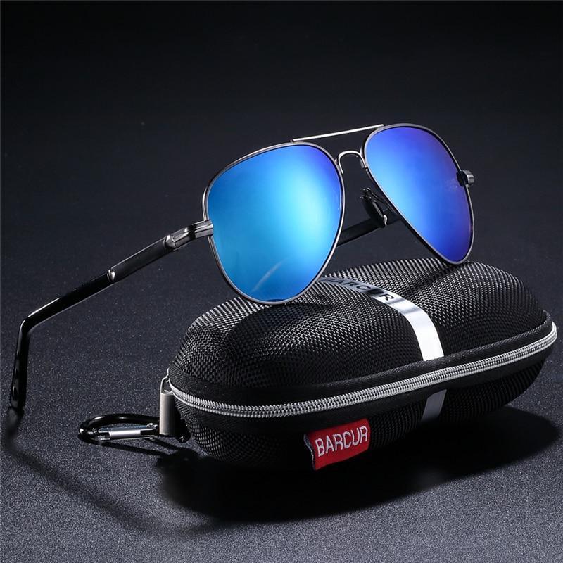 Stevvex aviator sunglasses with blue mirrored lenses and metal frame BARCUR case on Tampa Home & Garden Store