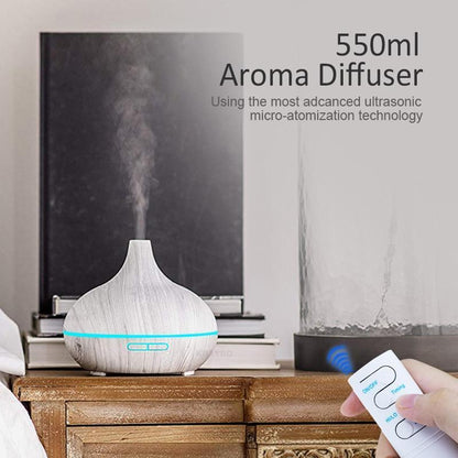550ml Aroma Diffuser Humidifier with wood grain finish, Stevvex, blue LED ring on Tampa Home & Garden Store