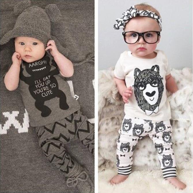Stevvex baby set: gray bear tee with zigzag pants; white bear-face tee with leggings on Tampa Home & Garden Store