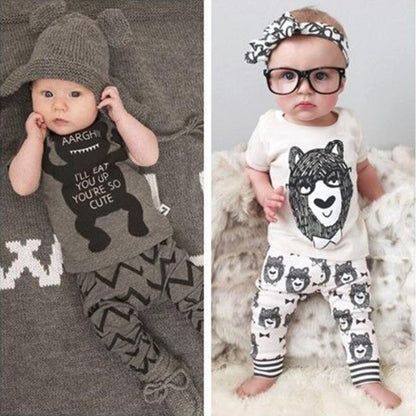 Stevvex baby set: gray bear tee with zigzag pants; white bear-face tee with leggings on Tampa Home & Garden Store