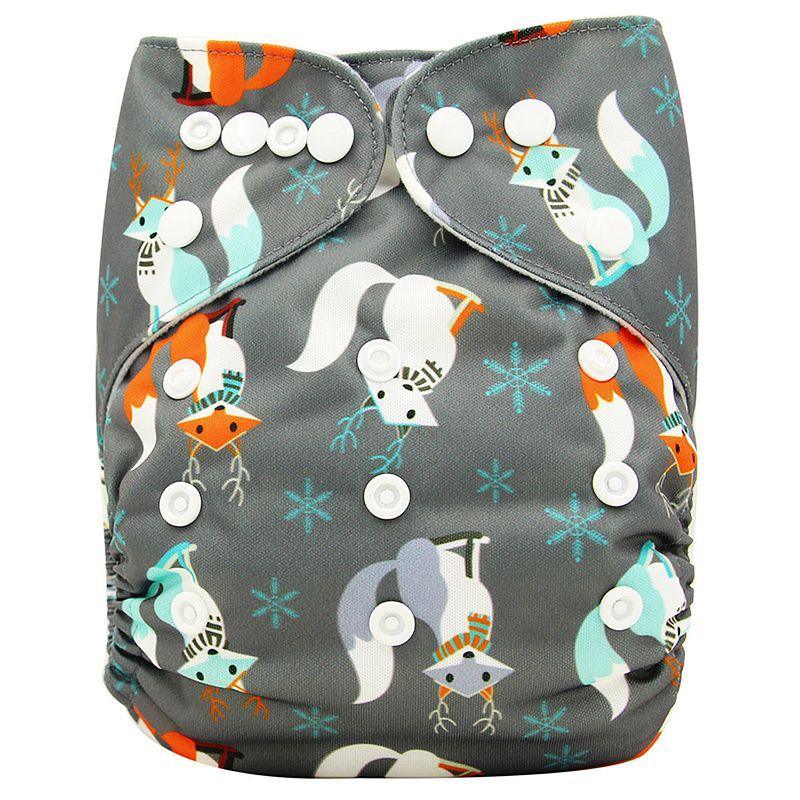 Stevvex baby cloth diaper in grey with snowflake animal print, waterproof pocket and snaps on Tampa Home & Garden Store
