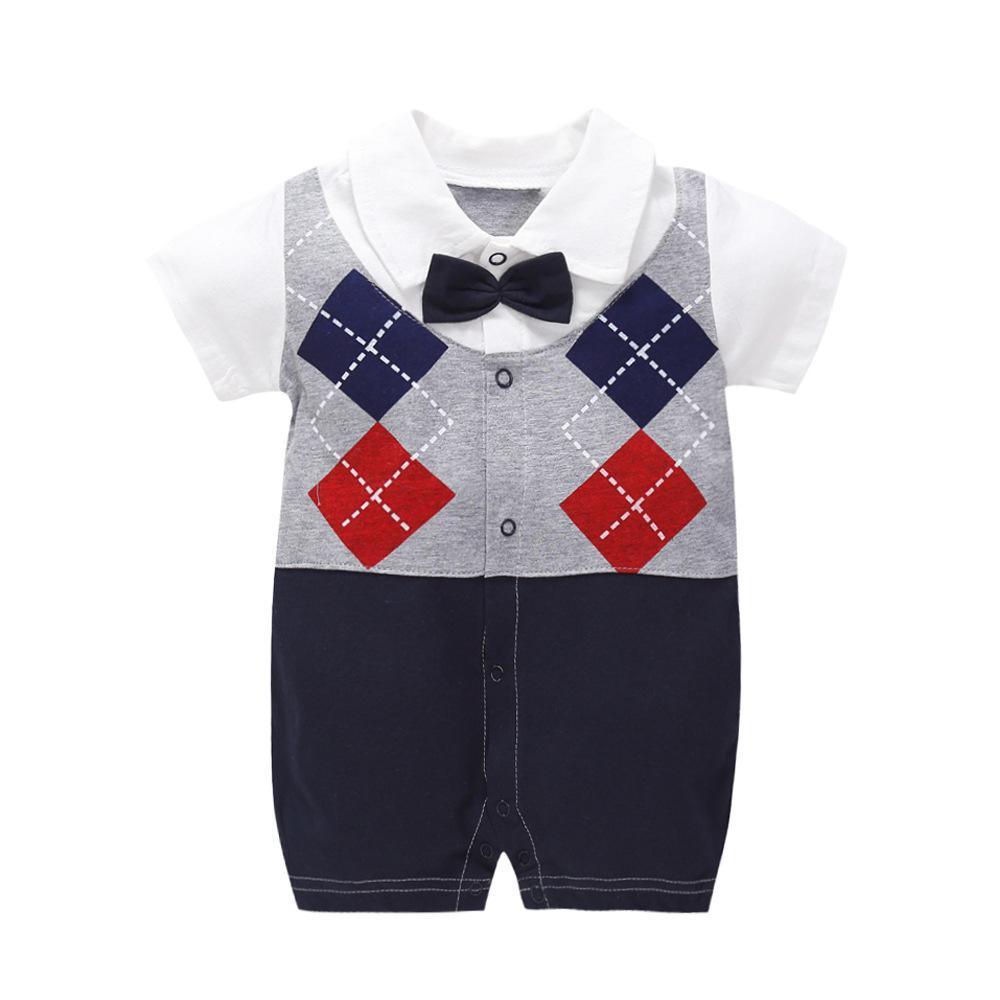Baby boy romper with white top gray argyle vest front and navy shorts bow tie Stevvex 0-12M on Tampa Home & Garden Store