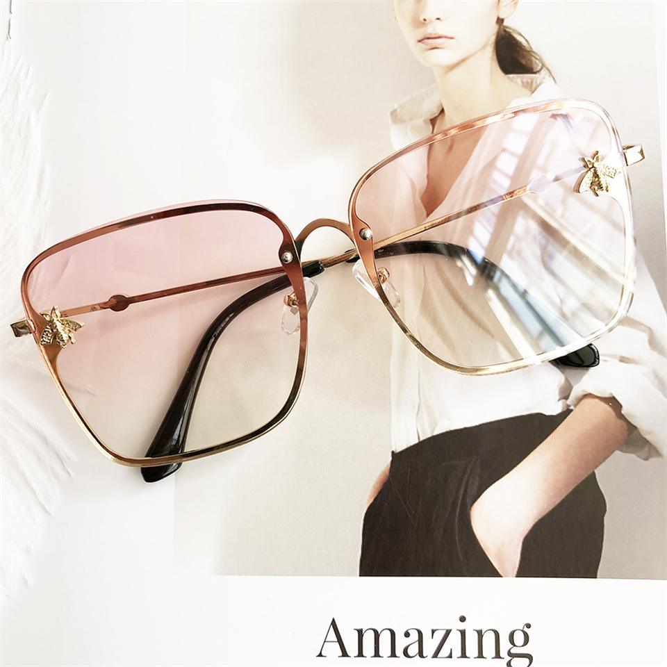 Oversize square sunglasses by Stevvex, 2 pairs, rose-gold frames, pink lenses, bee accents on Tampa Home & Garden Store