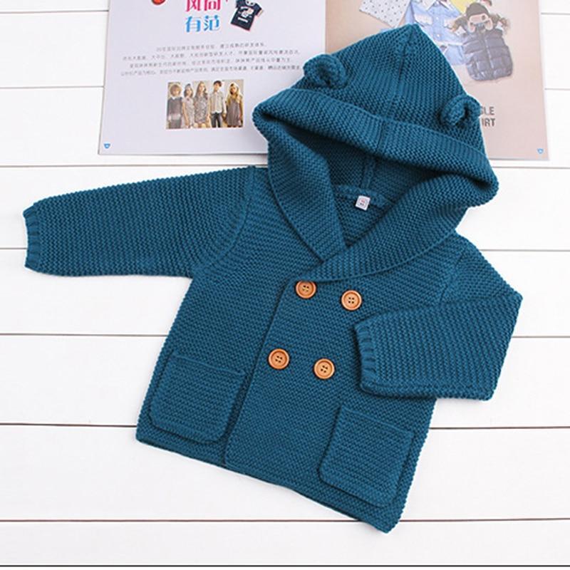 Stevvex newborn teal knitted cardigan with hood, 4 wooden buttons and pockets on Tampa Home & Garden Store