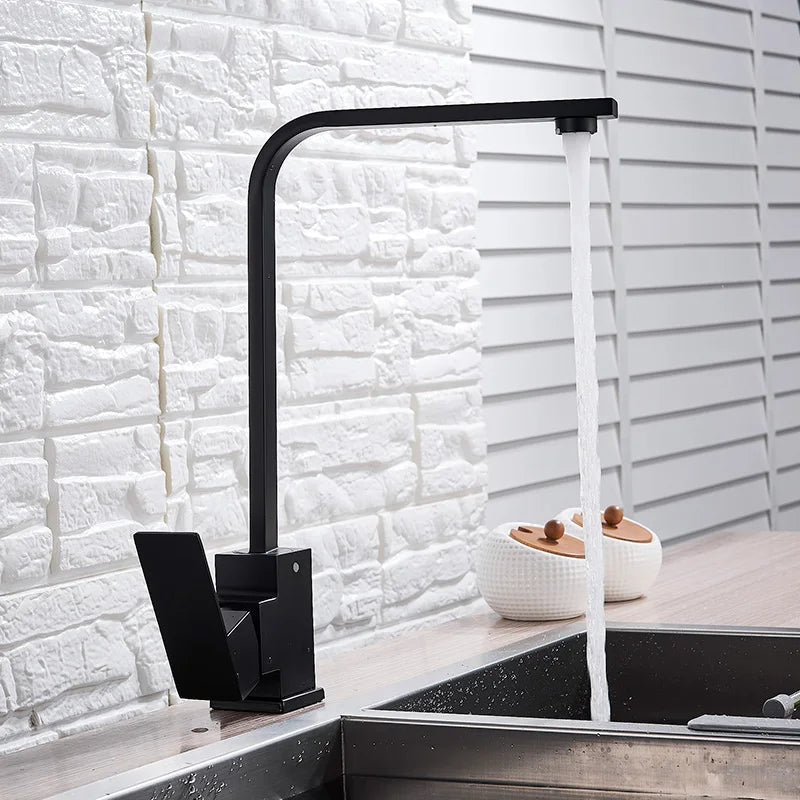 DecorBites black matte crane faucet with arched spout and lever, water flows into sink on Tampa Home & Garden Store