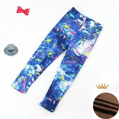 Baby girls leggings Stevvex, blue paint-splatter pattern, thick warm fleece-lined pair on Tampa Home & Garden Store