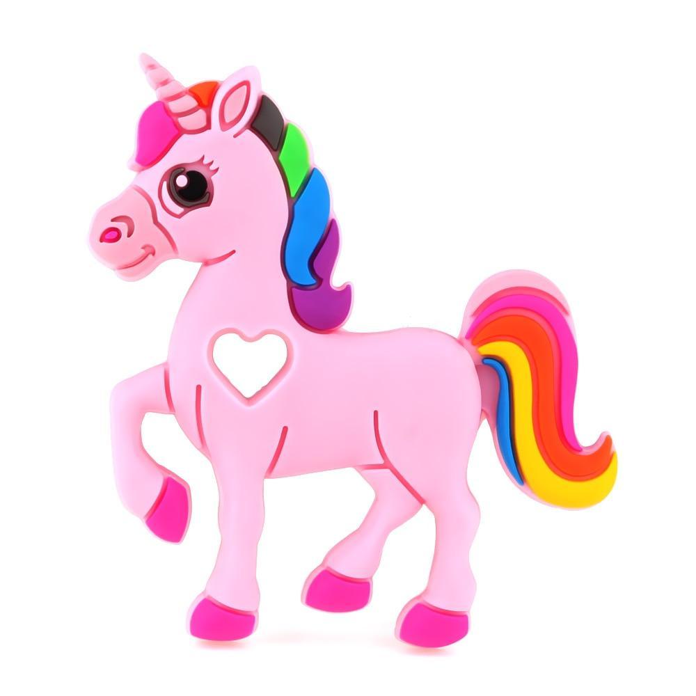Stevvex unicorn silicone teether pink with rainbow mane and heart cutout on Tampa Home & Garden Store