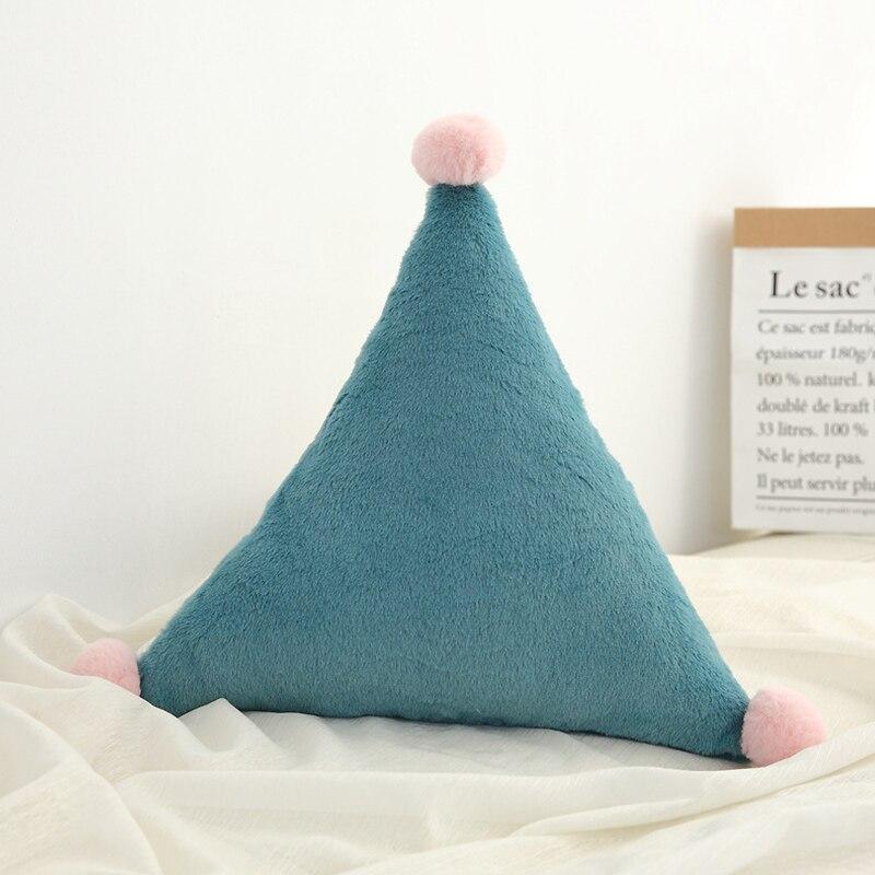 Nursing pillow triangle in blue plush with pink pom-poms for babies, baby room decor on Tampa Home & Garden Store
