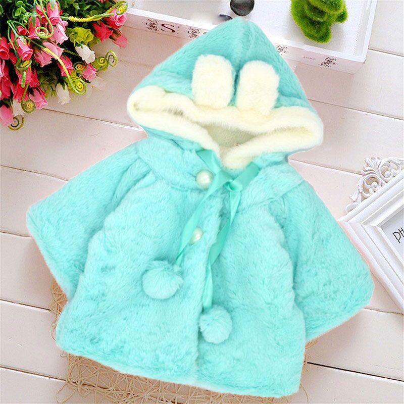 Stevvex baby turquoise plush coat with rabbit hood, lining, ribbon tie and pom pom accents on Tampa Home & Garden Store