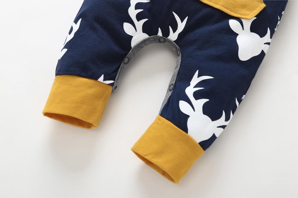 Stevvex baby romper long sleeve deer head print navy with mustard cuffs newborn jumpsuit on Tampa Home & Garden Store