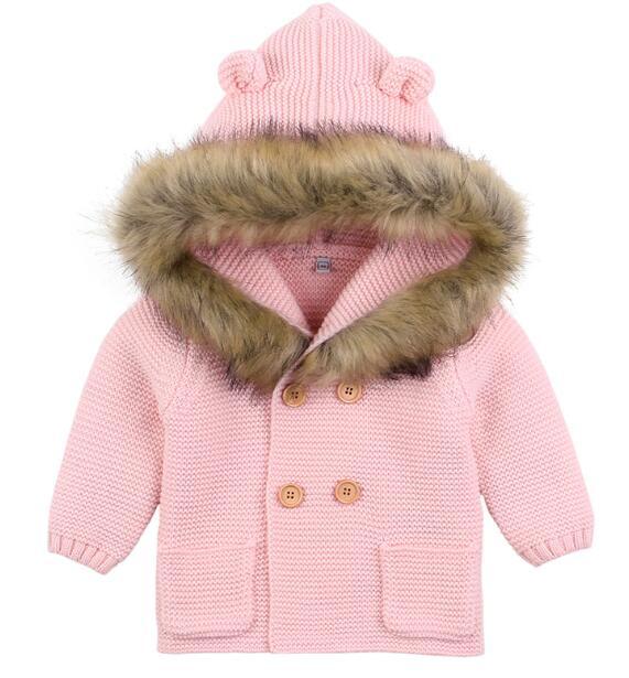 Stevvex pink knit baby cardigan with fur-trim hood, wooden buttons on Tampa Home & Garden Store