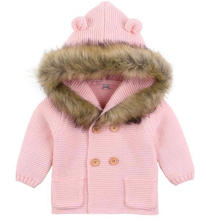 Stevvex pink knit baby cardigan with fur-trim hood, wooden buttons on Tampa Home & Garden Store