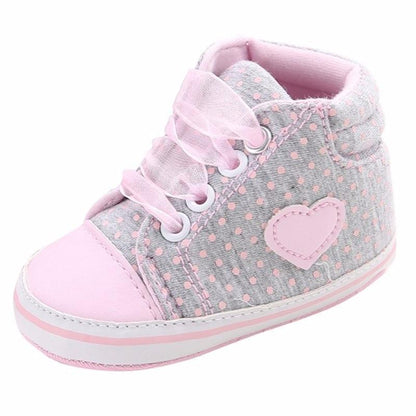 Stevvex infant first walkers sneakers girls, pink gray dotted cotton upper, lace-up heart patch on Tampa Home & Garden Store