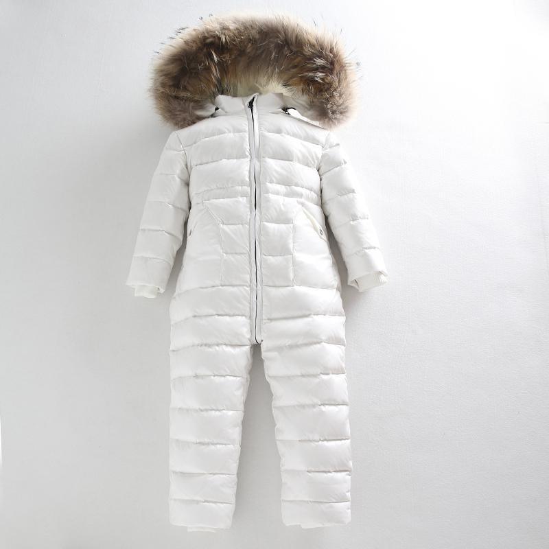 Stevvex white winter snowsuit with fur hood, full-length puffer on Tampa Home & Garden Store