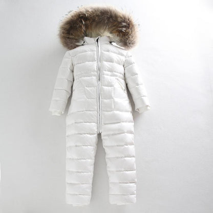 Stevvex white winter snowsuit with fur hood, full-length puffer on Tampa Home & Garden Store