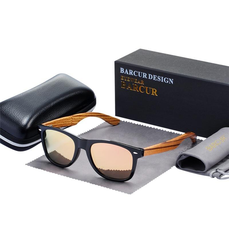 Sunglasses with black front frame and zebra wood style bamboo temples, with box and case on Tampa Home & Garden Store