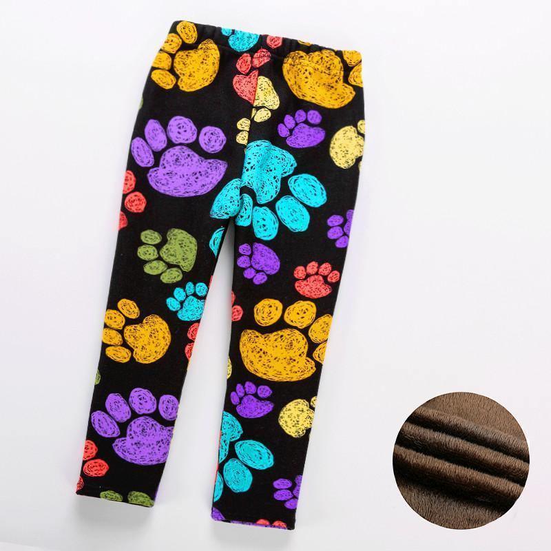 Stevvex kids thick leggings in black with neon paw print pattern, brown interior closeup on Tampa Home & Garden Store