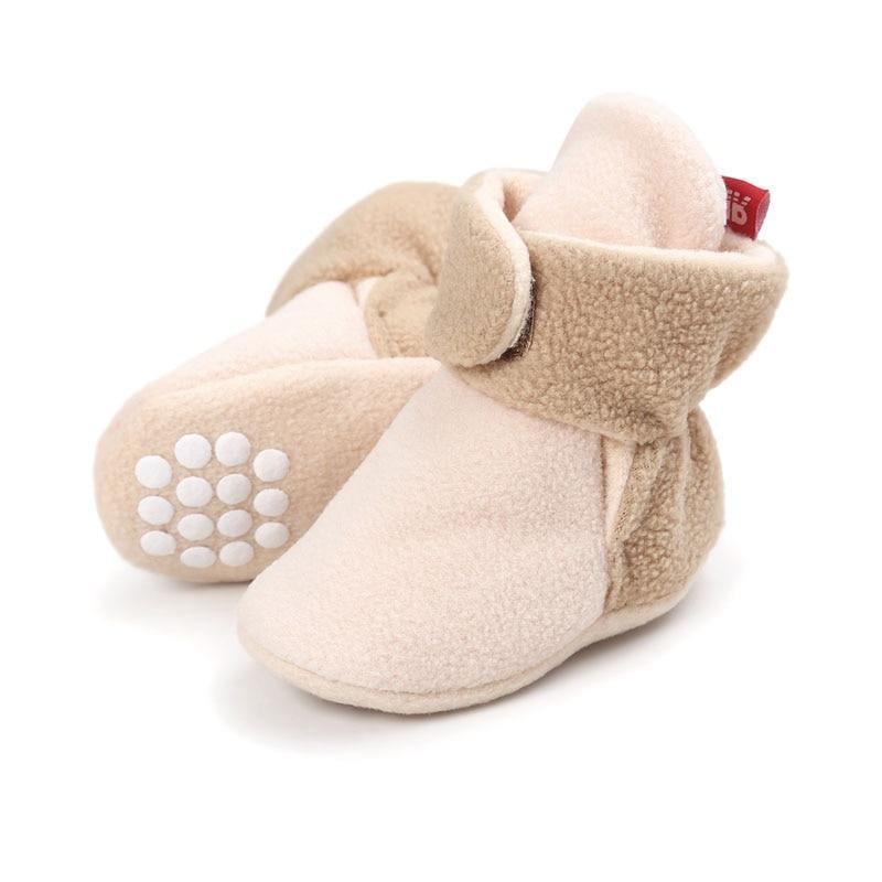 Stevvex baby newborn faux fleece winter booties in beige plush ankle boots with strap on Tampa Home & Garden Store